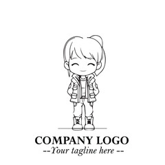 Black and White Chibi Girl Standing in Jacket, Pants, and Boots. Simple Bold Vector Illustration