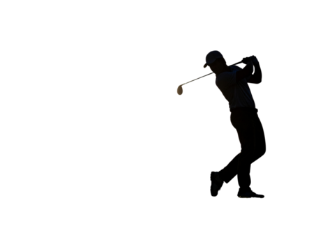 Golfer Silhouette Taking a Powerful Tee Shot, Side View with Flying Ball, isolated PNG
