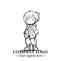 Black and White Chibi Girl Standing in Jacket, Pants, and Boots. Simple Bold Vector Illustration