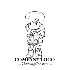 Black and White Chibi Girl Standing in Jacket, Pants, and Boots. Simple Bold Vector Illustration