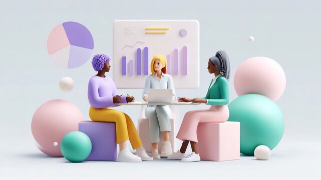 Three diverse animated characters engaged in a collaborative discussion around a table with a laptop, showcasing visual data graphics and colorful geometric elements in a modern setting.
