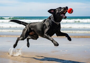 Action shot of a black labrador dog leaping high to catch a red ball on the beach