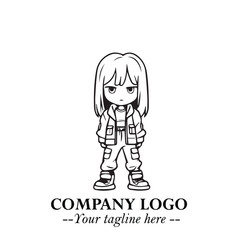 Black and White Chibi Girl Standing in Jacket, Pants, and Boots. Simple Bold Vector Illustration