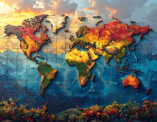 World map puzzle, vibrant colors, sunset sky, mountains, flowers