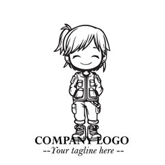 Black and White Chibi Girl Standing in Jacket, Pants, and Boots. Simple Bold Vector Illustration