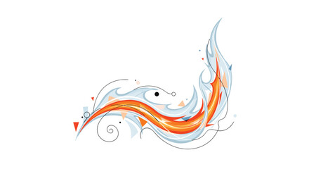 Abstract flowing fire and ice design with dynamic orange and blue elements, accented by geometric shapes and swirling lines on a white background.