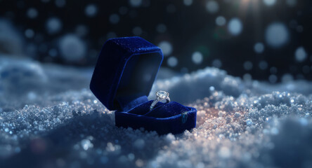 Sparkling diamond ring in velvet box amidst winter snow, capturing love's unforgettable moment, perfect for celebrating engagements and romantic proposals