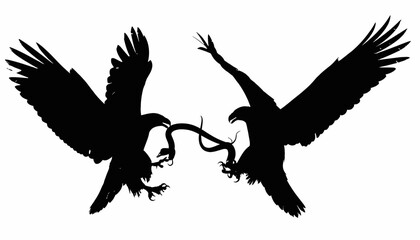 Obraz premium Silhouetted illustration of two eagles fighting over a snake against a white backdrop