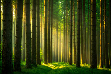 Sunlit Forest Path with Tall Pine Trees nature sunlight