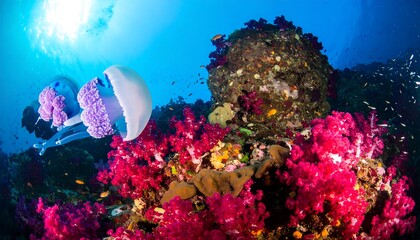 Underwater coral reef scene with jellyfish