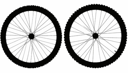 Naklejka premium Black silhouettes of two bicycle wheels with tires and spokes, against a white background