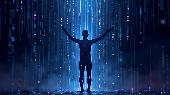 A glowing human silhouette standing in a rain of binary code, symbolizing information overload and digital chaos.
