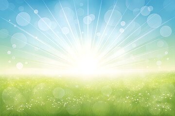 Sunrise Over Green Field with Bokeh Lights rays