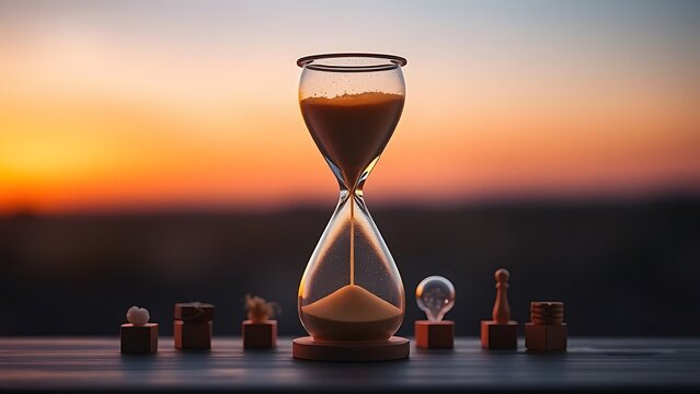 reverse. A glowing hourglass with golden sand flowing upwards, surrounded by symbolic objects representing healthy habits against a dawn gradient. wellbeing guides.