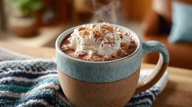Hot Chocolate with Whipped Cream and Cinnamon in Ceramic Mug