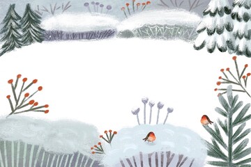Winter Forest Scene with Robins and Snowy Branches 