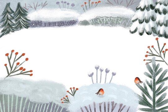 Winter Forest Scene with Robins and Snowy Branches 