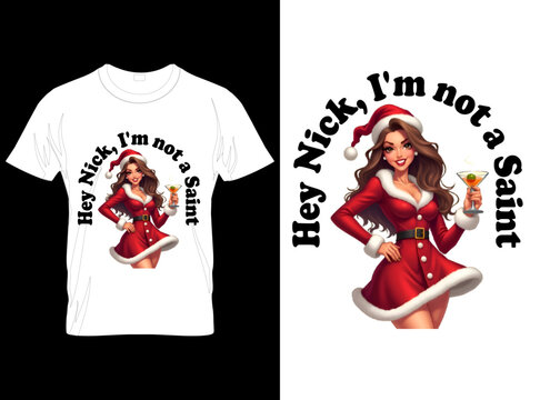 CHRISTMAS T-SHIRT DESIGN  "Holiday Party Shirt Design – Sexy Mrs. Claus Illustration with Cocktail and Funny Christmas Quote"