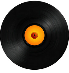 A circular, black vinyl record with orange and yellow center labels, set against a dark background