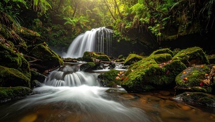 Obraz premium Serene Waterfall Cascading Over Moss Covered Rocks Amidst Lush Green Forest With Sun Beams Filtering Through Canopy