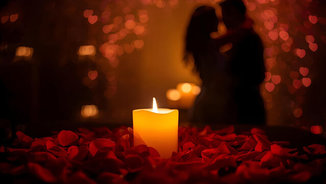 Romantic candlelight scene with rose petals and a couple siluet 