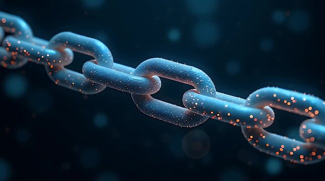 A glowing chain link made of data fragments snapping apart, symbolizing network failure, disconnection, or cybersecurity breach.
