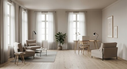 Fototapeta premium Bright Scandinavian living room with soft beige tones and minimalist wooden furniture.