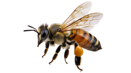 Bee with pollen sack on leg flying isolated isolated on transparent background