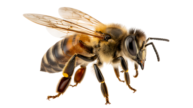 Bee flying insect macro detail nature wild animal pollen isolated on transparent background