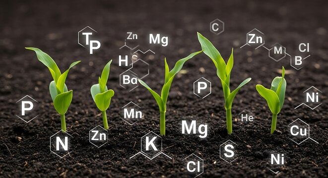 Essential Nutrients for Plant Growth Represented with Young Seedlings and Chemical Symbols