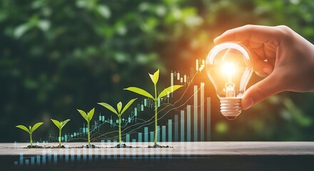 Growing Investment and Ideas Sprouting Plants with Stock Market Charts and Hand Holding Light Bulb
