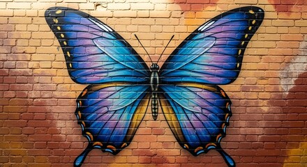 Obraz premium Vibrant butterfly mural brings stunning street art to brick wall background design