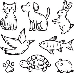 Naklejka premium Charming hand drawn sketch collection of adorable pets and animals