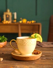 Cozy cup on wooden table with lemon wedge, warmly