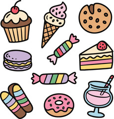 Collection of colorful hand drawn sweet treats and desserts