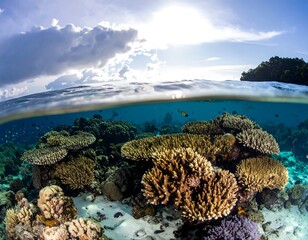 Underwater coral reef scene with sunlight