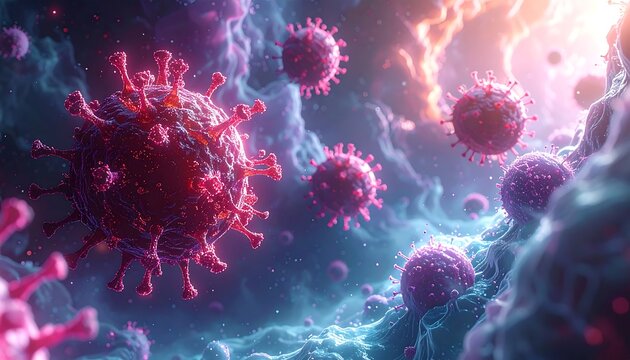 Virus particles in a vibrant microscopic view