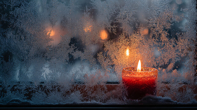 Christmas candlelight glow through frosted window 