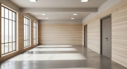 Obraz premium Empty modern office interior with wooden walls and large bright windows