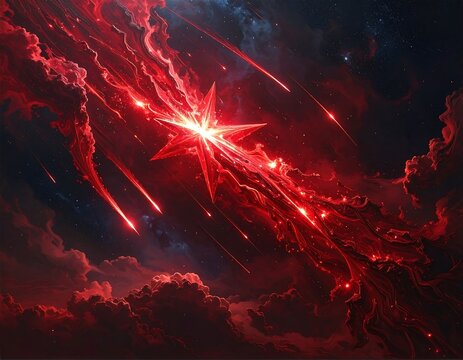 Crimson starburst with streaks of light through dark cloudscape