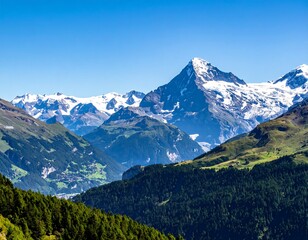 Scenic vista of snow-capped peaks and verdant valleys under a clear sky