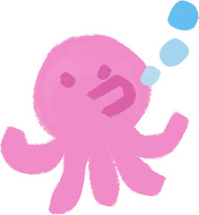 Hand-Drawn Pink Octopus Clipart with Blue Bubbles – Cute Underwater Illustration for Kids and Ocean Design