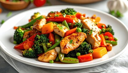 Healthy Chicken and Vegetable Stir Fry with Broccoli Carrots and Peas Served on a White Plate in a Studio Setting with Natural Lighting