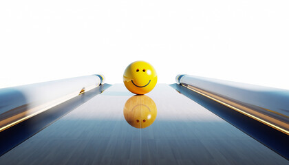 Single yellow emoji bowling ball with a subtle smile placed at the start of a sleek, reflective lane under soft spotlight. Clean composition, white background — ideal for creative design mockups 