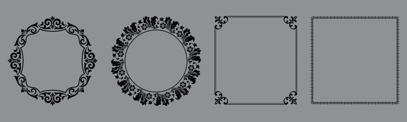 Set of decorative frames Elegant vector element for design in Eastern style, place for text. Floral black and gray borders. Lace illustration for invitations and greeting cards