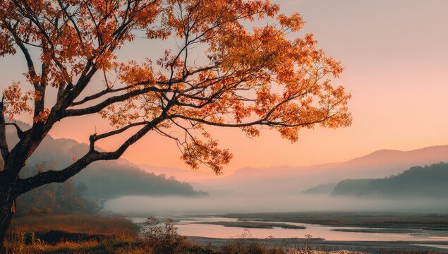 Autumnal sunrise over a misty river valley