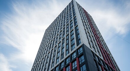 Modern Residential Skyscraper Against a Bright Blue Sky with Clouds.