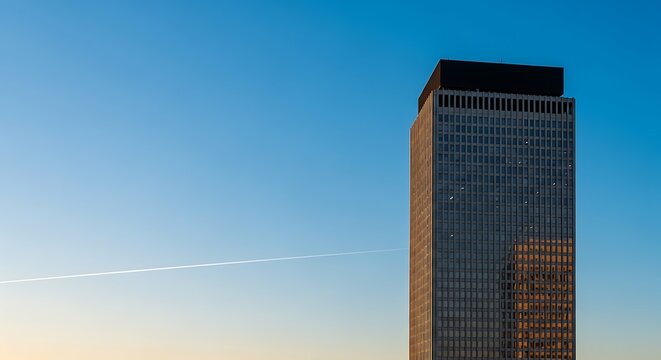 Modern Skyscraper Against a Clear Blue Sky with a Faint Contrail. - Powered by Adobe