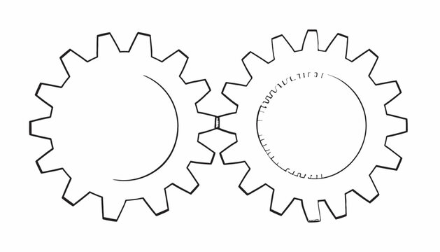 Two interlocking gears in a black and white illustration, each with many teeth