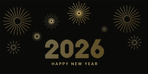 Elegant black and gold Happy New Year 2026 design with modern fireworks and golden typography. Perfect for festive greeting cards, banners, and celebration invitations.